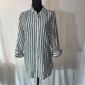 Go By Go Silk Women Gray  3/4 Sleeve Button-Down Shirt 1X Plus Striped